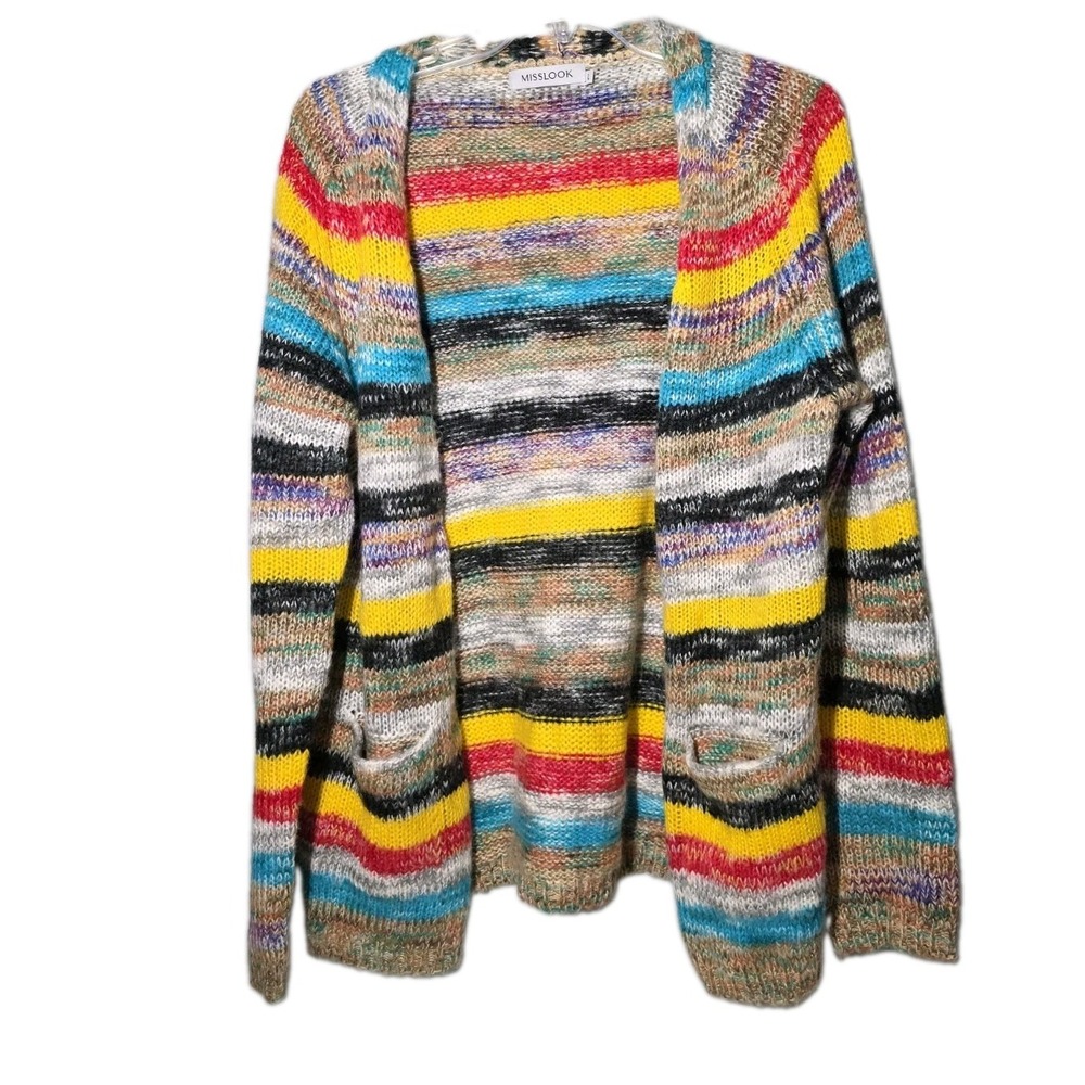 MISSLOOK Womens Knit Open Cardigan Sweater Lg. Bright Multicolor Striped Pockets